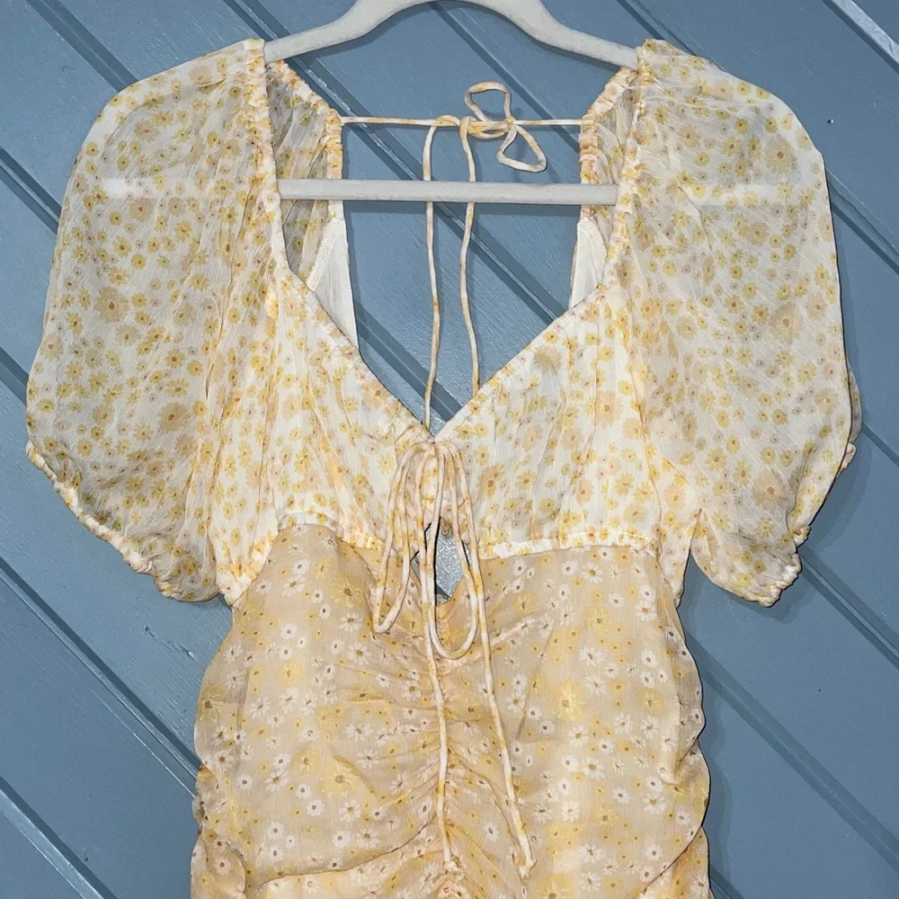 Free People Tessa Ruched Yellow Gold Floral Mini Dress - Picture 3 of 12